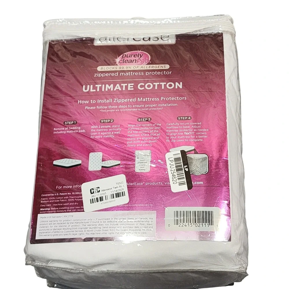 Allerease Purely Clean Pro Twin XL Zippered Mattress Protector Ultimate Cotton - Picture 4 of 8